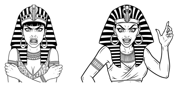 Angry Egyptian Queen Cleopatra Character Illustration, Hand Drawn Pharaoh Woman in Nemes Headdress Set, Aggressive Goddess Ancient Egypt Comic Style