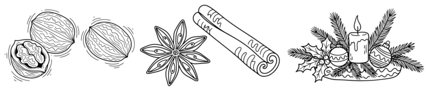 Hand Drawn Christmas Spices and Decoration Set, Walnut Star Anise Cinnamon Sticks and Candle Illustration, Engraving Style Winter Holiday Elements