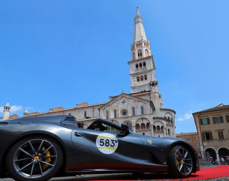 Modena, Italy, June 10, 2026, the Mille Miglia and Ferrari Tribute 2026 passes through the city, a long-distance road racing competition for classic and historic cars, passage in the historic center