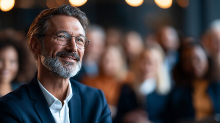 Obraz premium A wide shot of an entrepreneur holding softly a calm training class for a bright large group of business people in a conference hall training class open faces bright