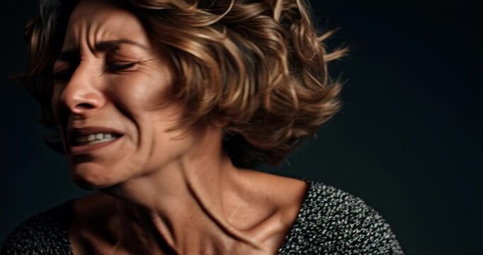 Close up of middle aged Caucasian woman screaming and shaking head in panic during mental breakdown. Clip is suitable for psychiatric clinic promos or mental health awareness campaigns 