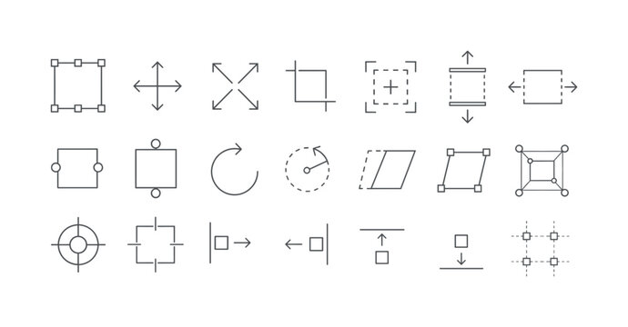 Geometric transform outline icon set with arrows, crop marks and layout controls, transform, geometry, icons, arrows, crop,