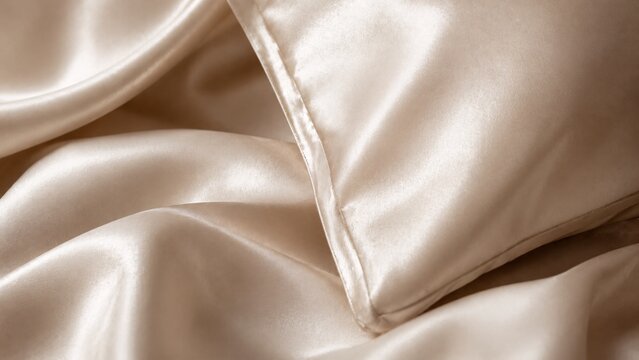 Extreme close-up of folded luxurious beige silk satin bed sheets showing the soft shiny texture