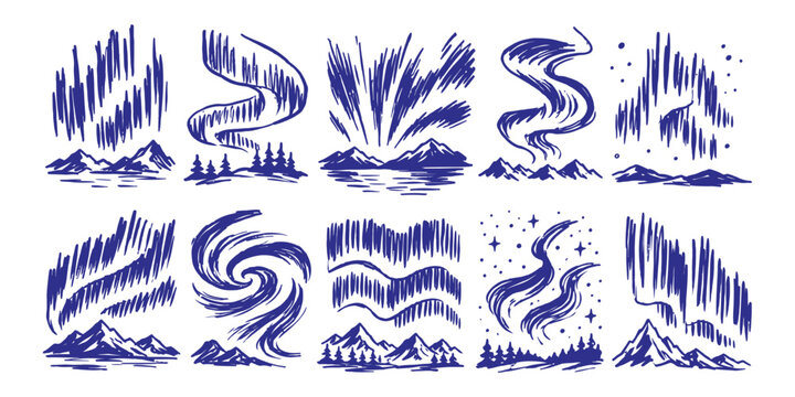 aurora borealis and northern light elements mountain doodle icon set vector illustration