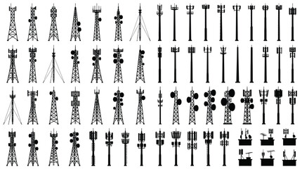 Obraz premium Collection of black silhouettes showing various telecommunication towers and cellular antennas on a white background