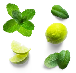 Fresh lime and mint cocktail ingredients isolated on transparent background, natural shadow PNG design element for summer drinks © Konstiantyn