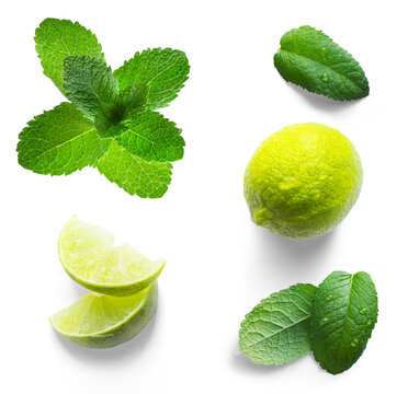 Fresh lime and mint cocktail ingredients isolated on transparent background, natural shadow PNG design element for summer drinks