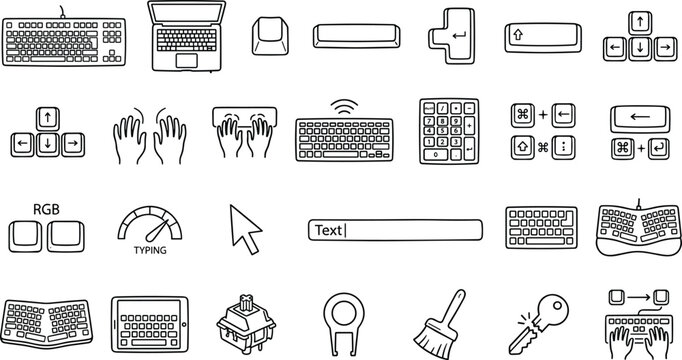 Computer Keyboard Hardware Outline Icons Set Featuring Hand Drawn Mechanical Switch Keycap Laptop and Typing Practice Graphics for Data Entry Tech Vector Illustration