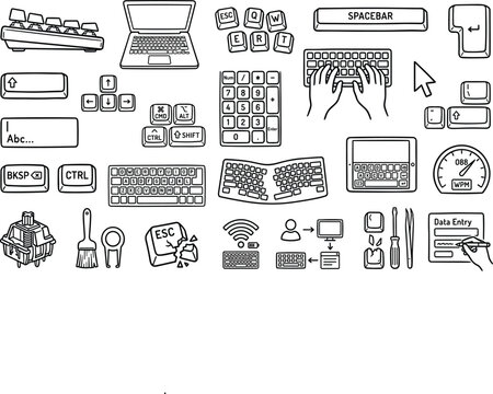 Computer Keyboard Hardware Outline Icons Set Featuring Hand Drawn Mechanical Switch Keycap Laptop and Typing Speed Graphics for Data Entry Tech Vector Illustration