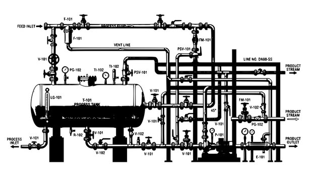 Industrial piping system vector illustration with pressure vessel valves flanges and process engineering equipment isolated on white background