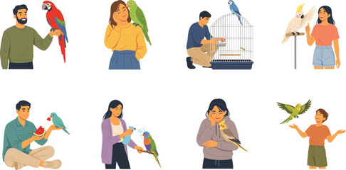 People with Pet Birds Vector Set Featuring Men and Women Interacting with Macaw Parrot Cockatoo Parakeet and Lovebirds Domestic Animals Illustrations © Lal