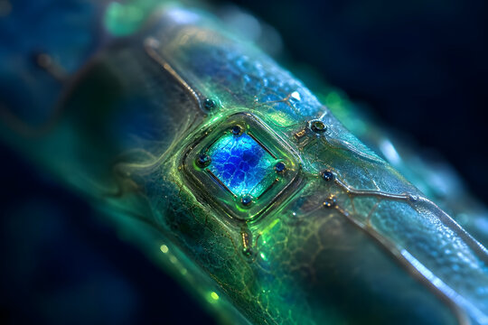 Extreme Macro Detail of Glowing Bio-Organic Circuit Board on Fle