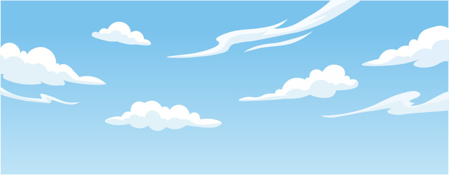 Clear blue sky with scattered fluffy white clouds in varying shapes and sizes, serene natural background design representing calm weather and peaceful atmosphere