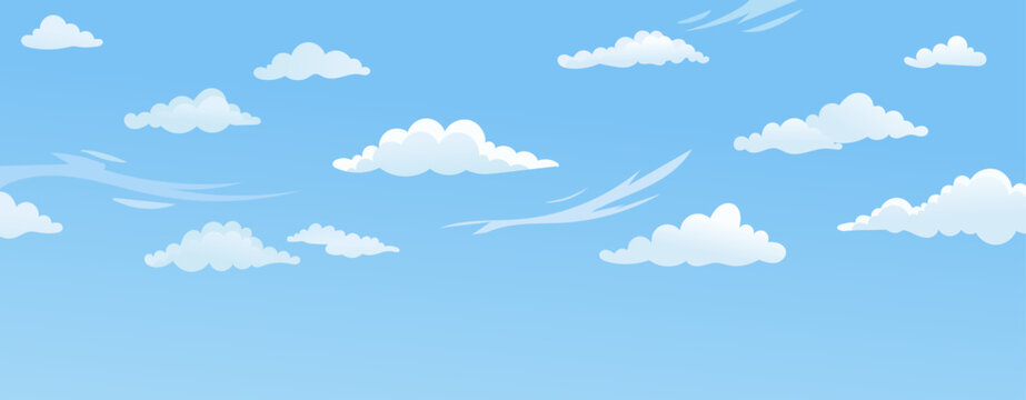 Clear blue sky with scattered fluffy and wispy white clouds of varying shapes and sizes, serene natural background representing calm fair-weather atmosphere
