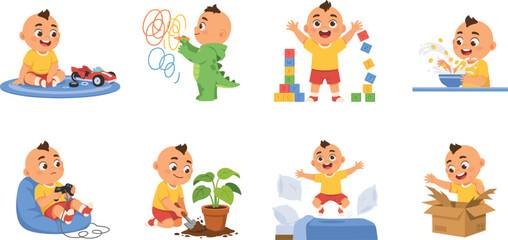 Obraz premium Cute Toddler Boy Character Vector Set with Daily Activities Playing Blocks Scribbling Painting Video Games Eating and Jumping Poses Illustrations