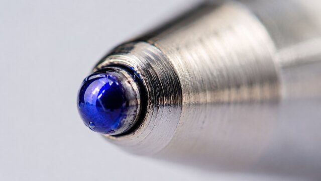Extreme macro photography of the metallic tip and blue ink ball of a classic ballpoint pen