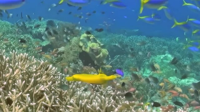 Azure waters host a lively gathering of radiant reef fish. Brilliant blue and yellow fish shimmer, joining a striking yellow pipefish exploring the intricate branching corals.