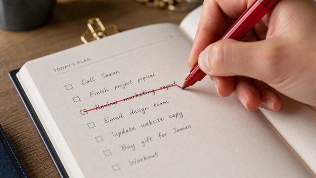Close-up of a hand holding a red pen aggressively crossing out a finished task on a to-do list