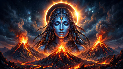 Fototapeta premium Blue skinned deity face with ornate headwear emerges from volcanic landscape dramatic lighting