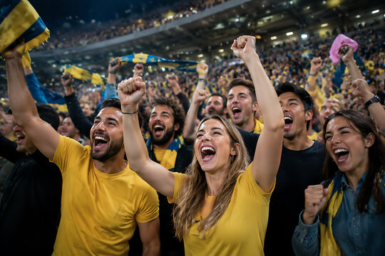 Enthusiastic Sports Fans Cheering Together in Packed Stadium Celebrating Championship Victory with Raised Arms Vibrant Energy Joy Team Spirit and Unforgettable Match Experience