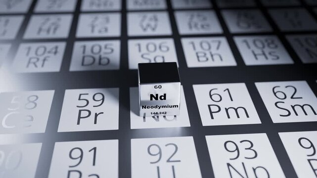 3D rendered animation of neodymium (Nd) on the periodic table of elements.