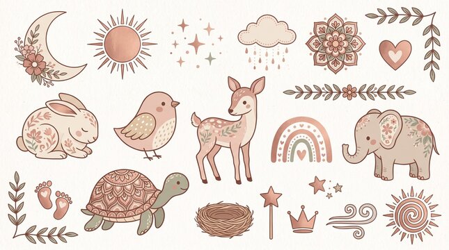 Whimsical Celestial and Animal Folk Art Elements in Earthy Tones