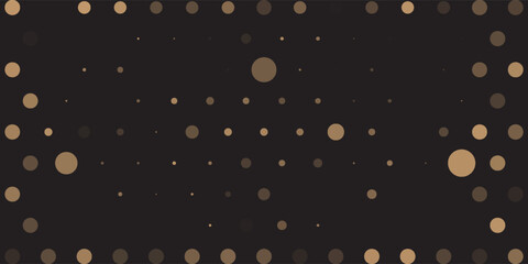 Abstract minimalist background with random bronze gold polka dot patterns in various sizes on a solid black backdrop. © Hery