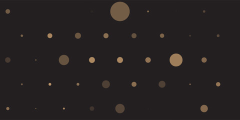 Abstract minimalist background with random bronze gold polka dot patterns in various sizes on a solid black backdrop. © Hery