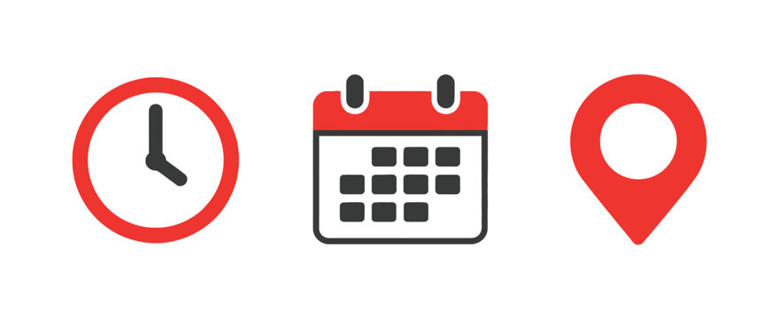 Time, Date and Location icon set vector illustration for UI design featuring clock calendar map pin navigation symbols for web and mobile application interface graphics