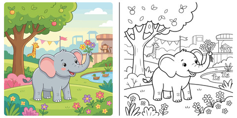 Elephant coloring pages for kids with markers or pen on printable worksheet background