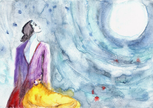 Moonlit Woman in Yellow Dress Looking Up at Full Moon, Symbolic Night Sky Hand-Painted Watercolor