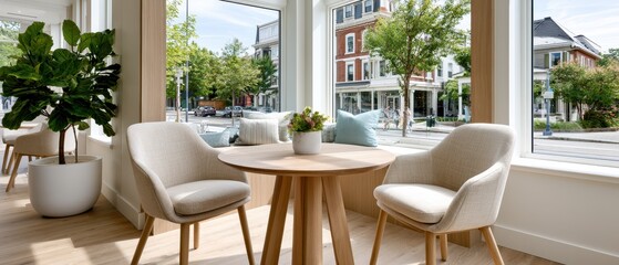 Fototapeta premium Outdoor cafe seating surrounded by greenery, relaxed dining atmosphere, hospitality lifestyle, modern leisure, urban comfort.