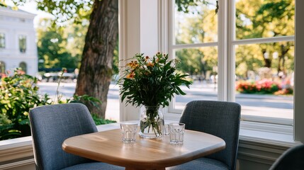 Fototapeta premium Outdoor cafe seating surrounded by greenery, relaxed dining atmosphere, hospitality lifestyle, modern leisure, urban comfort.