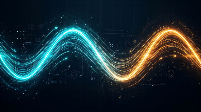 Glowing sine waves with circuit board elements against a dark blue background
