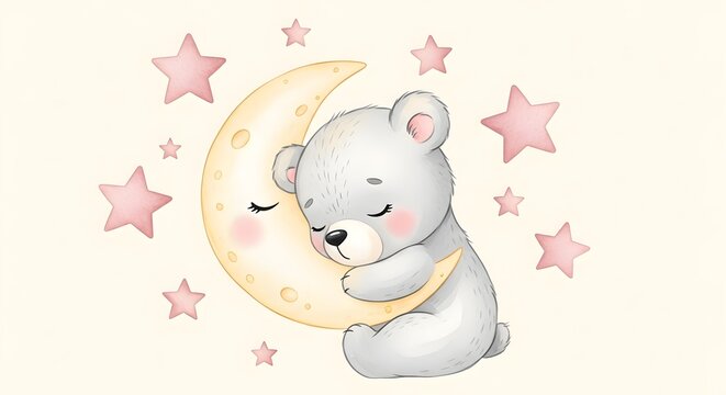 Cuddly bear hugging crescent moon with stars