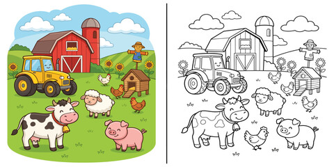 Farm animal coloring pages book for kids with tractor barn and printable worksheet © Wasi97