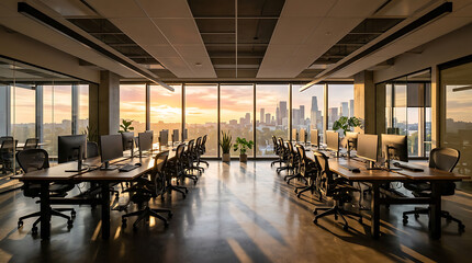 Fototapeta premium Empty modern open plan office interior during sunset with a cityscape view