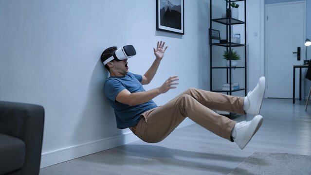Shocked Man Falling Down and Losing Balance While Using Virtual Reality VR Headset at Home