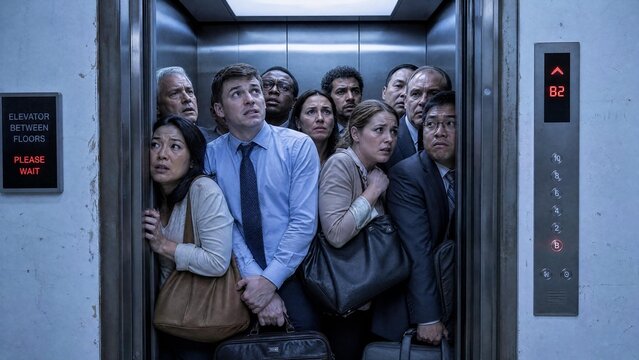Diverse Group of Anxious Business People Trapped in a Stuck Elevator Between Floors