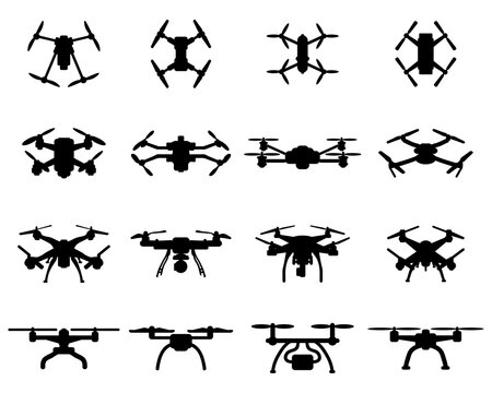 Set of black silhouettes of different drones