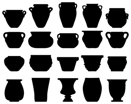 Black silhouettes of different pottery and flower pots