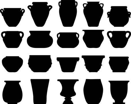 Black silhouettes of different pottery and flower pots