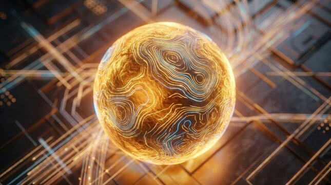 Golden swirling sun sphere texture with glowing topographic lines, abstract technology background design for backdrop wallpaper