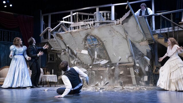 Dramatic Stage Play Performance with Collapsing Scenery and Actors in Victorian Costumes