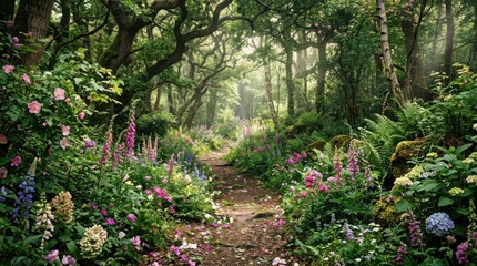Obraz premium Magical forest path with flowers, botanical bloom and petals nature garden decoration, scenic outdoor landscape, high quality