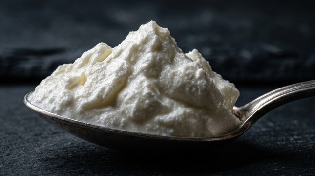 Creamy cottage cheese heap on a metal spoon. Fresh dairy product macro view. Healthy food ingredient for breakfast or cooking. Organic lactic snack with smooth texture on dark background.