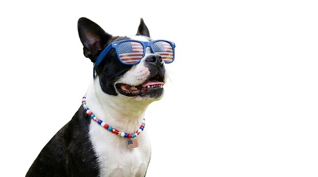 A patriotic boston terrier dog wearing american flag sunglasses and a red, white, and blue beaded necklace, isolated on white background