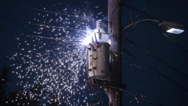 Electrical Transformer Exploding on Utility Pole with Bright Sparks at Night