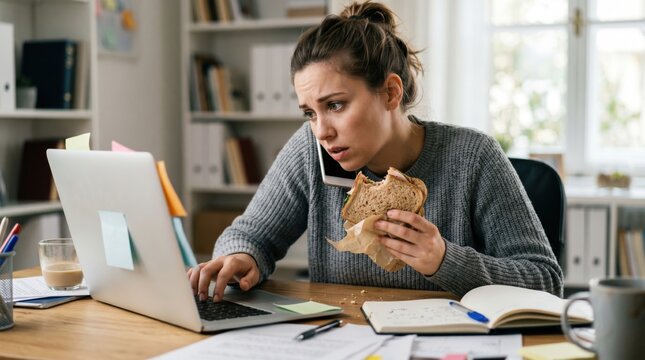 Stressed woman eating sandwich while working at laptop and talking on phone. Multitasking employee in office with deadline pressure. Busy lifestyle and professional work environment.
