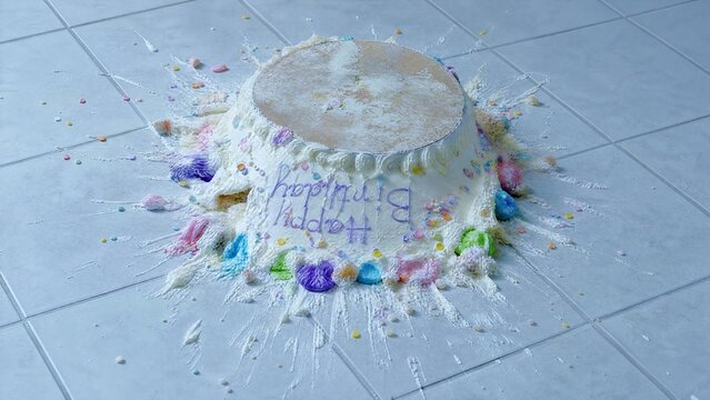 Ruined Birthday Celebration: Fallen Upside Down Cake Splattered on Tile Floor